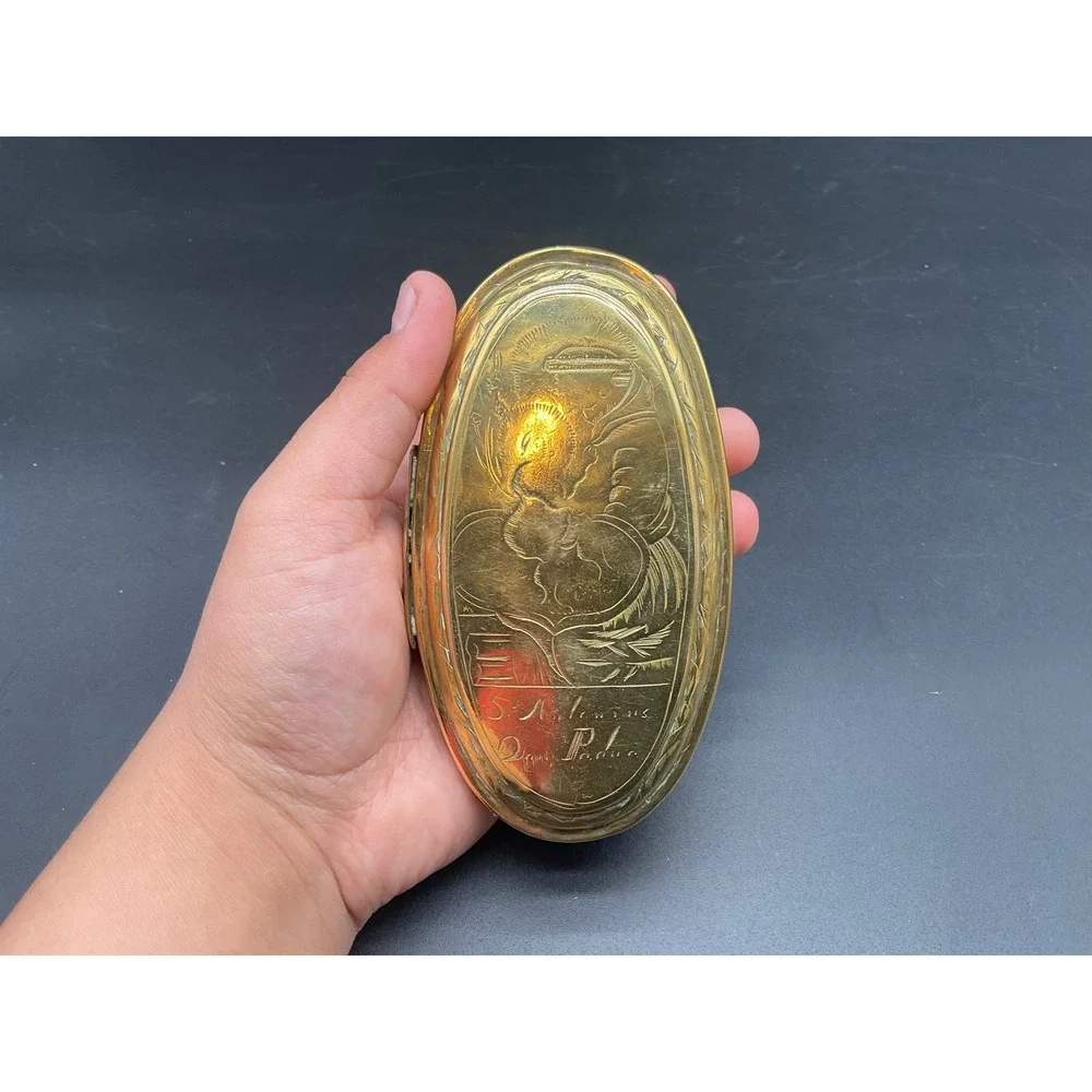 Antique Flemish Brass Box Madonna of Kevelaer St Anthony Reliquary c late 1700's